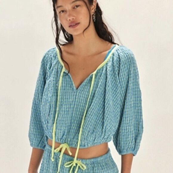 NWT Free-est Free People Clara Plaid Top Bubble Size Extra Small Beachy Crinkle - Picture 1 of 7